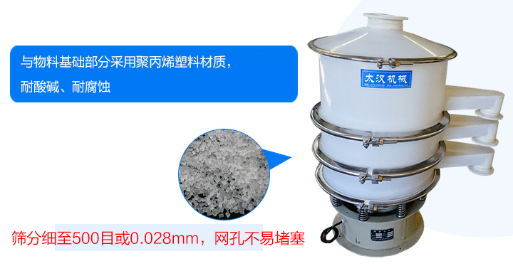 耐強(qiáng)酸、強(qiáng)堿腐蝕、物料不易變質(zhì)、不堵網(wǎng)、篩分效率高、使用壽命長(zhǎng)