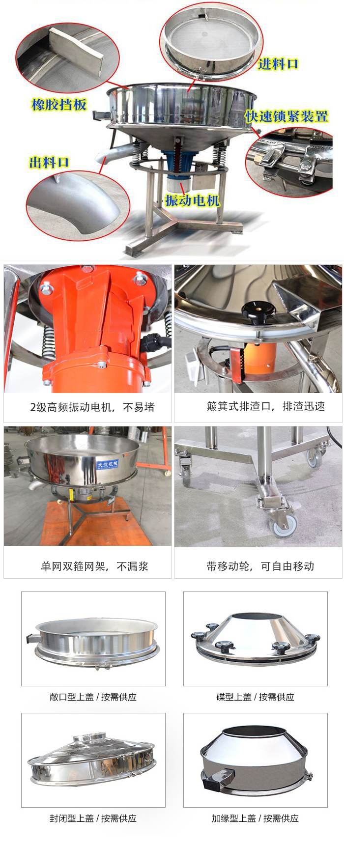 由高頻振動電機(jī)、進(jìn)料口、出料口、篩網(wǎng)等部分組成