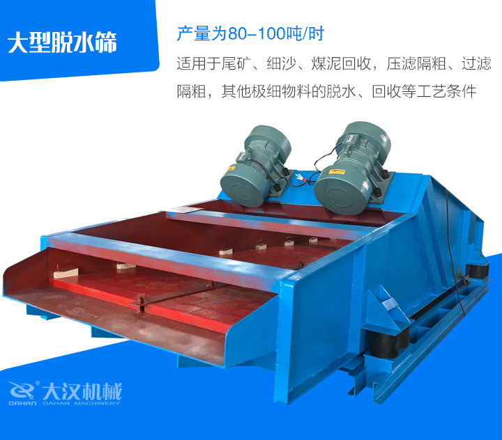 大型脫水篩適用于尾礦、細(xì)沙、煤泥回收，壓濾隔粗、過濾 隔粗，其他極細(xì)物料的脫水、回收等工藝條件