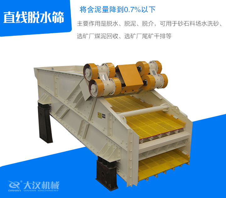 直線脫水篩主要作用是脫水、脫泥、脫介，可用于砂石料場水洗砂、 選礦廠煤泥回收、選礦廠尾礦干排等
