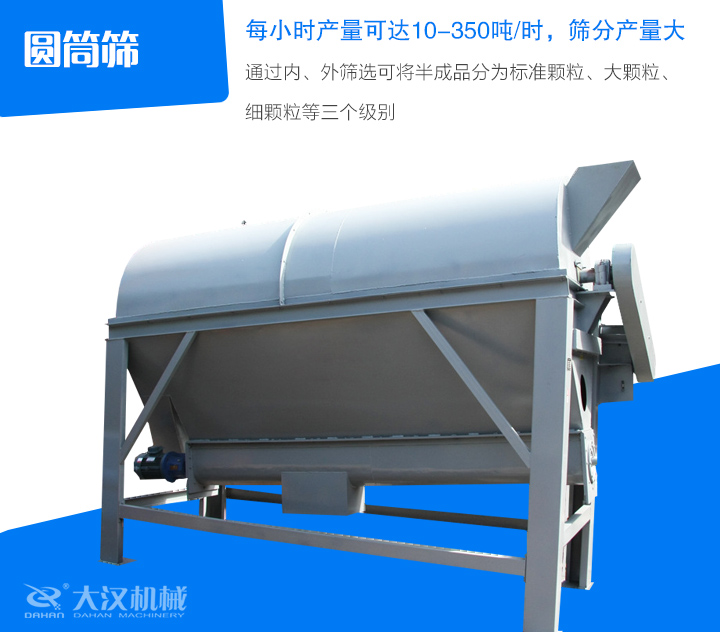 圓筒篩通過內(nèi)、外篩選可將半成品分為標(biāo)準(zhǔn)顆粒、大顆粒、 細(xì)顆粒等三個(gè)級(jí)別